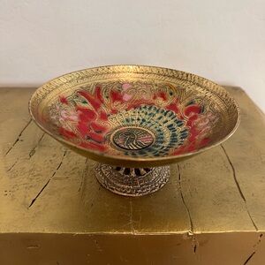 Decorative Indian pedestal /footed aluminum Trinket bowl-colorful peacock design